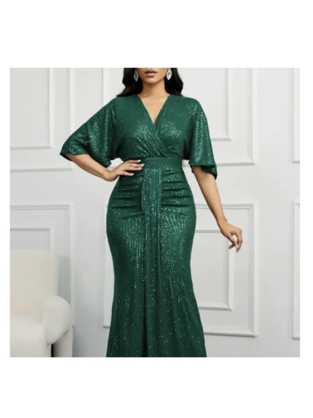 Elegant Emerald Green Sequin Wrap Gown - Picture 2 of 3